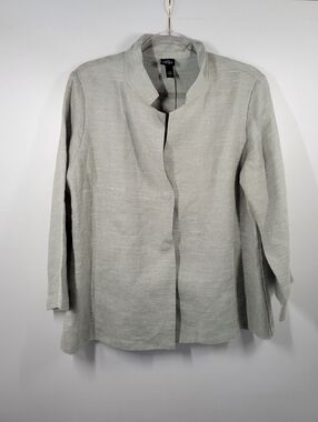 Eileen Fisher Linen Silk Blend Light Gray Green Snap Button Blazer Jacket Size L